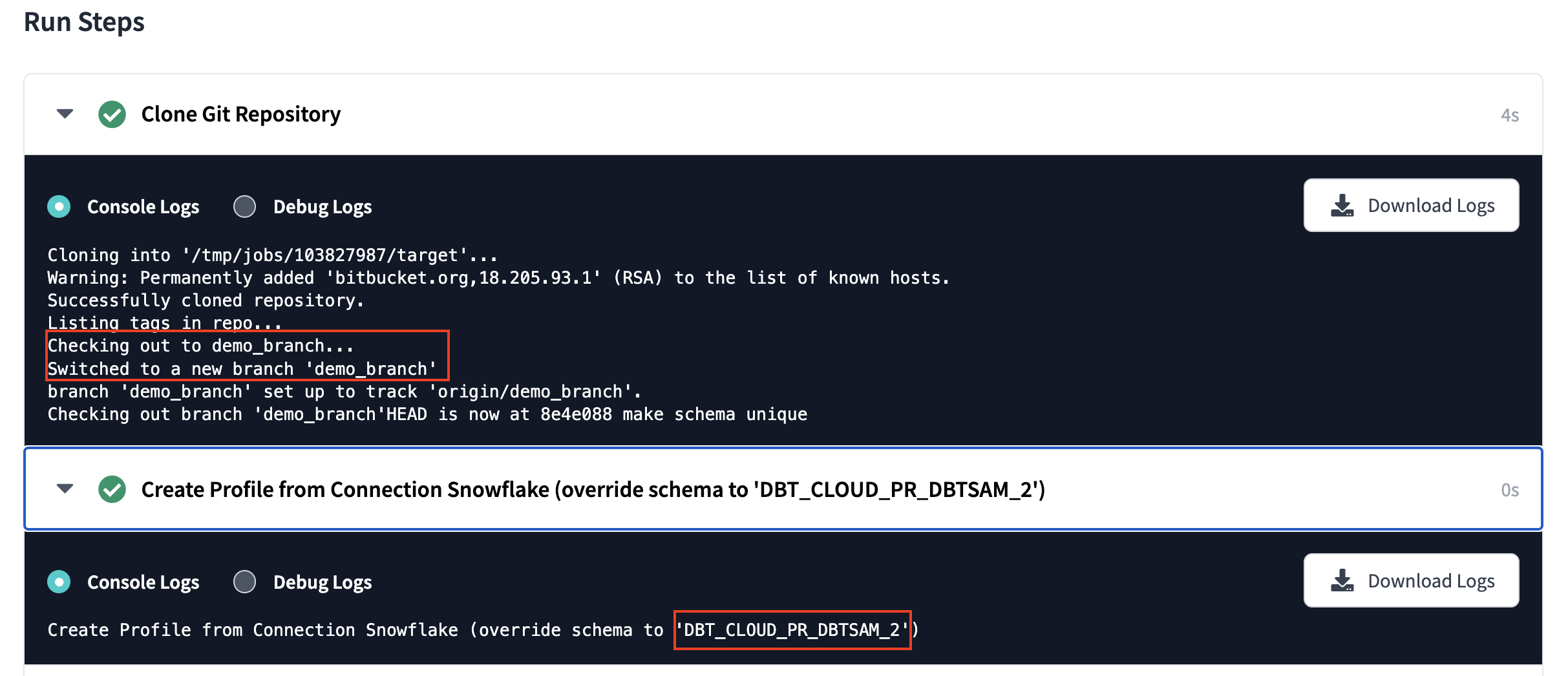 job showing it was triggered by Bitbucket