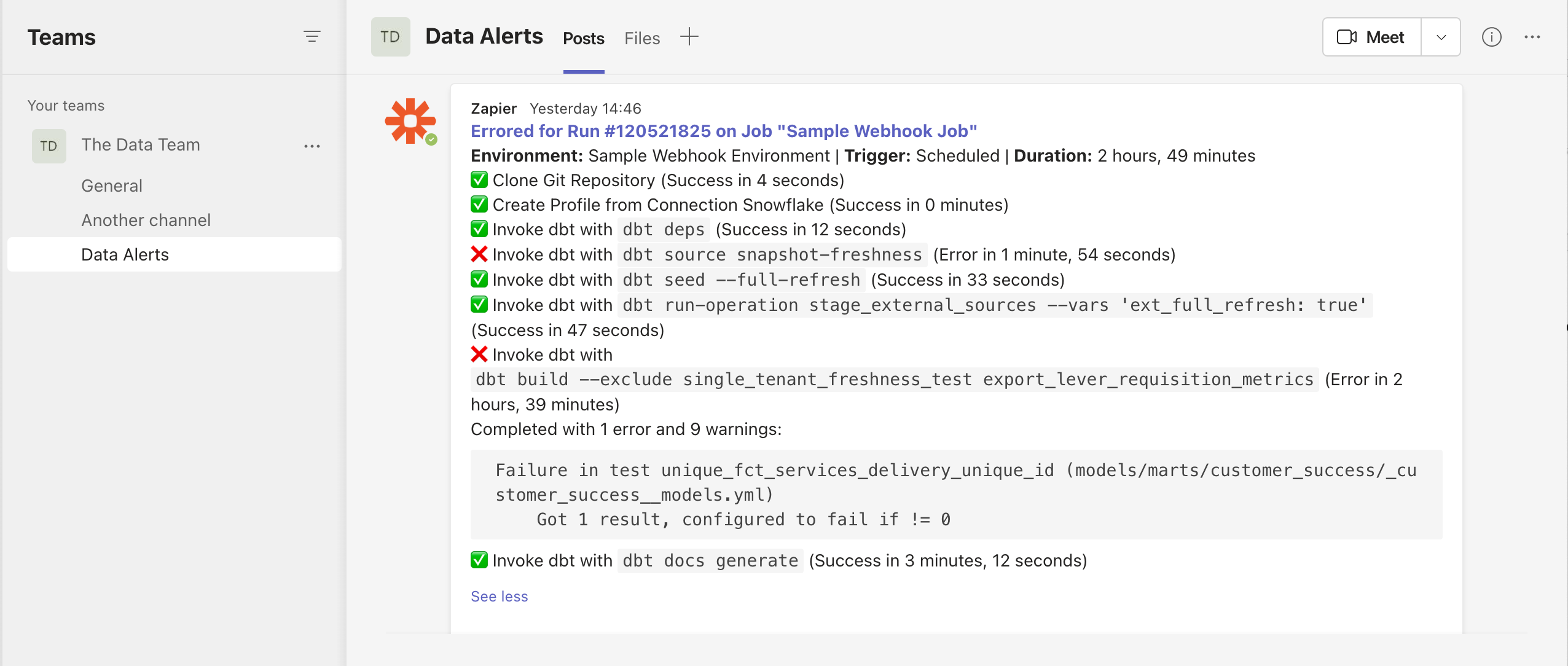Screenshot of a message in MS Teams showing a summary of a  run which failed