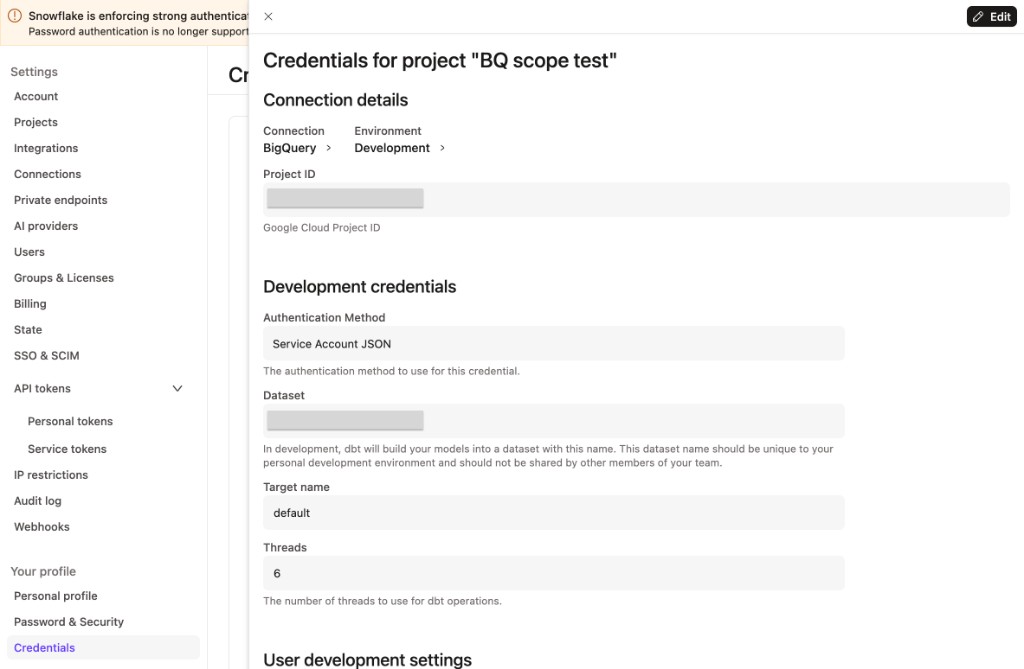 BigQuery Development Credentials