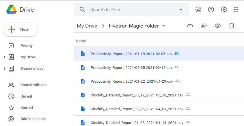 Fivetran will add each of these CSV files to a single schema in your warehouse, making it ideal for regular uploads
