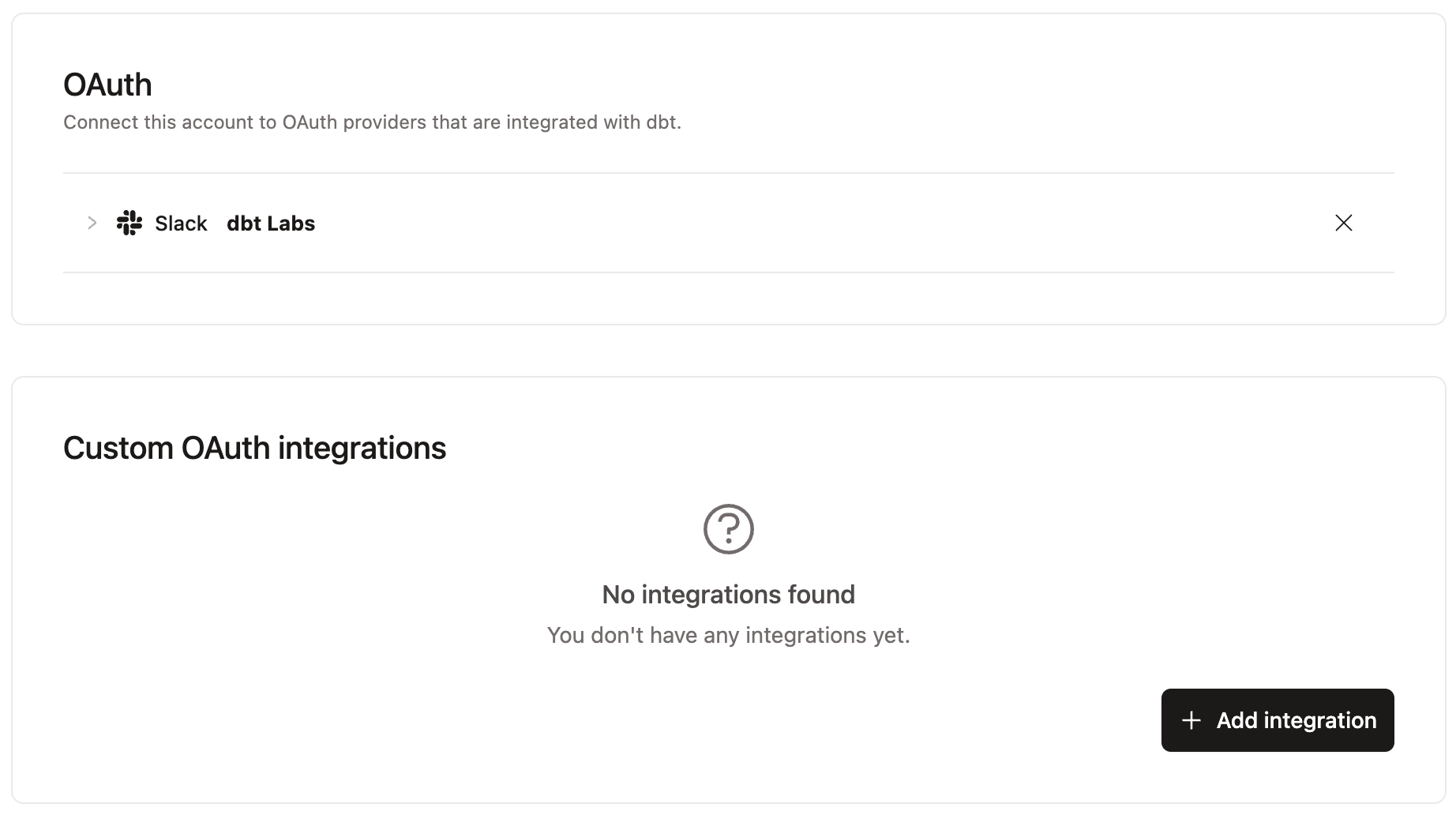 Example of the OAuth integration page Example of the OAuth integration page