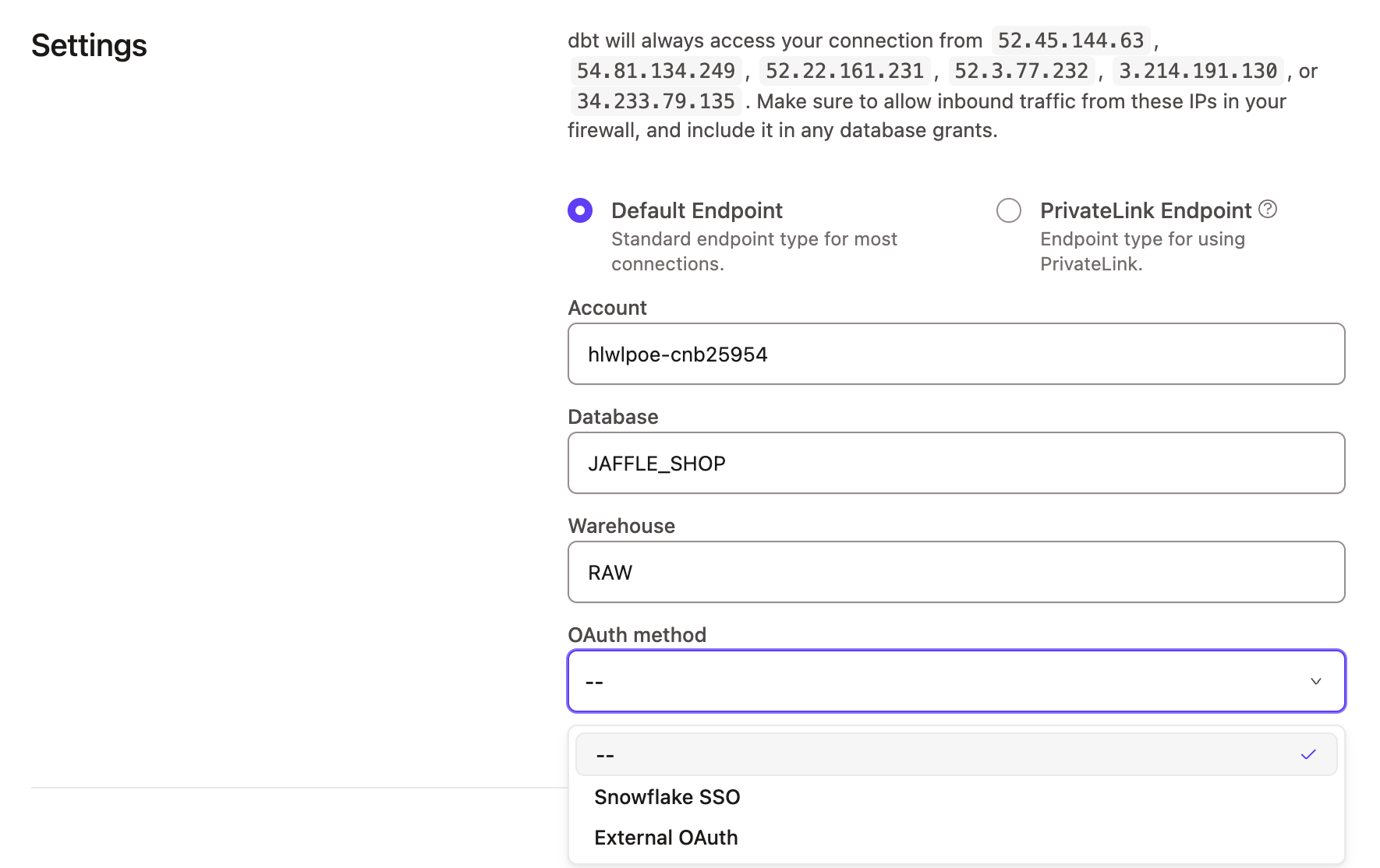 The new configuration window in dbt with the External OAuth showing as an option.